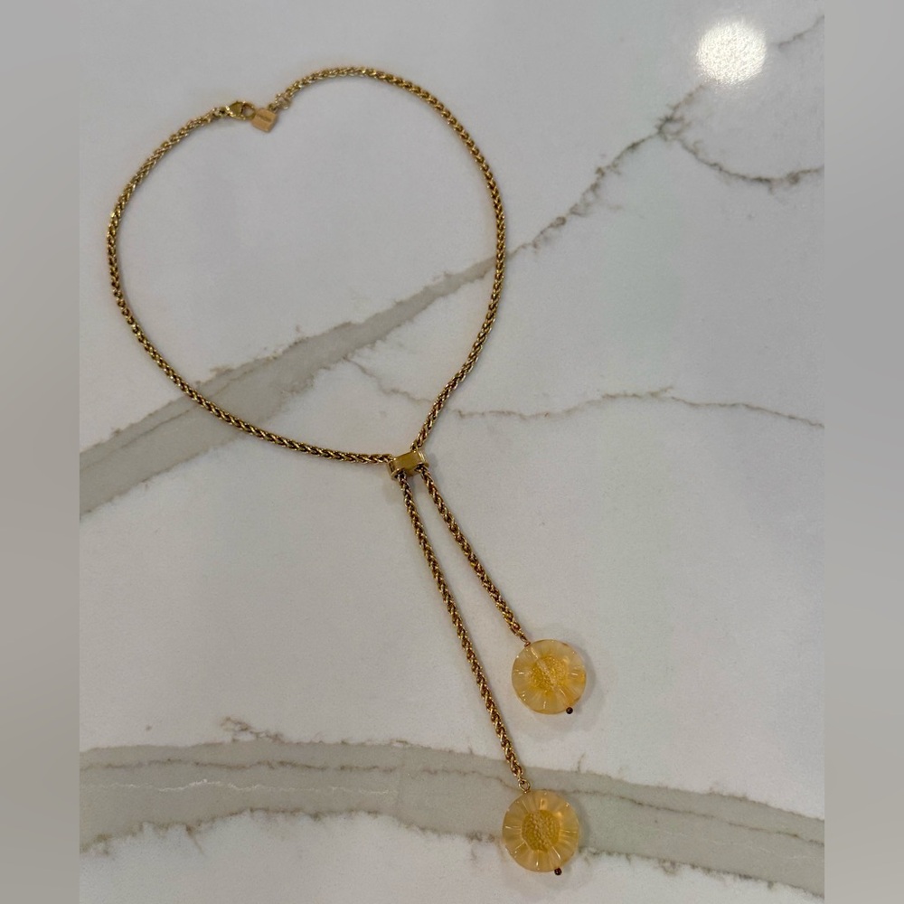 LALIQUE FLEUR FLOWER ORANGE TONE CRYSTAL GOLD PLATED 2-STONE NECKLACE PENDANT